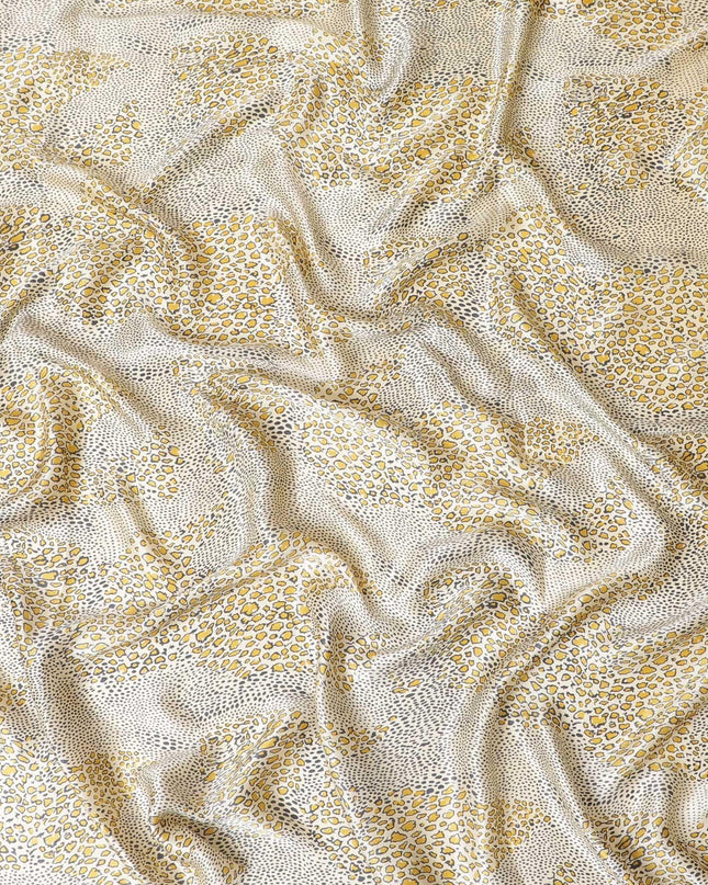 Beige premium 100% Pure silk satin fabric with mustard yellow and stone grey print in animal skin design-D9288