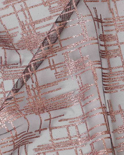 Black nylon tulle fabric with peach glitter in fancy design-D15400