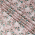 Off white synthetic crepe fabric with pale brown and turquoise green print having stone work in floral design-D15305 - Regal Fabrics