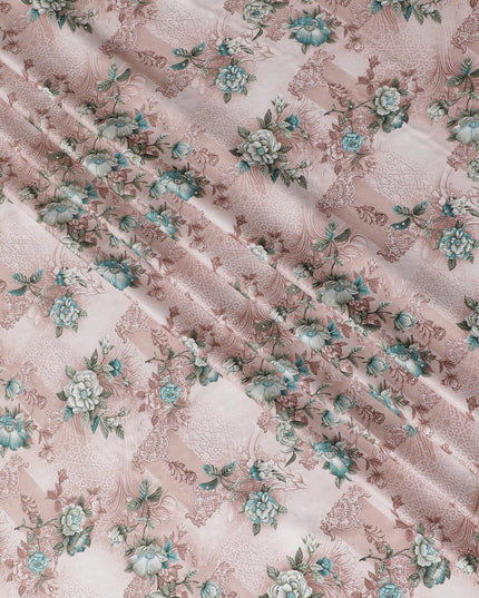 Off white synthetic crepe fabric with pale brown and turquoise green print having stone work in floral design-D15305 - Regal Fabrics