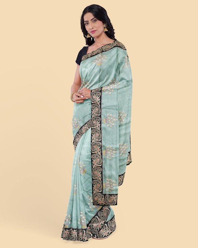 قماش توسر صناعي باللون الأخضر النعناعي مع تطريز متعدد الألوان بتصميم زهور. قطعة بلوزة بنفس اللون-D12744