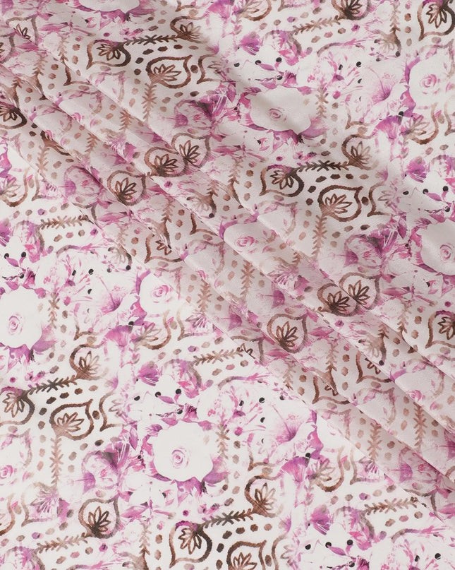Off white synthetic crepe fabric with magenta purple, brown and black print in floral design-D11035 Regal Fabrics
