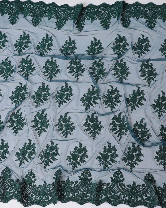 Petrol blue nylon tulle fabric with forest green embroidery in floral design-D11779 Regal Fabrics