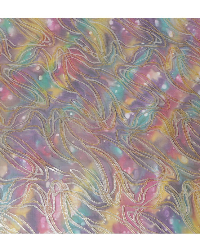 قماش شيفون من الحرير الخالص متعدد الألوان مع لوريكس معدني ذهبي بتصميم تجريدي-D14112