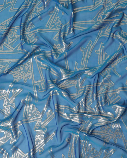 Blue Premium pure silk chiffon fabric with gold metallic lurex in abstract design-D13844