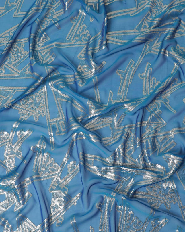 Blue Premium pure silk chiffon fabric with gold metallic lurex in abstract design-D13844