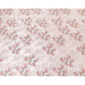 Light pink premium pure silk satin fabric with light peach and forest green print having rose pink film metallic in floral design-D9419