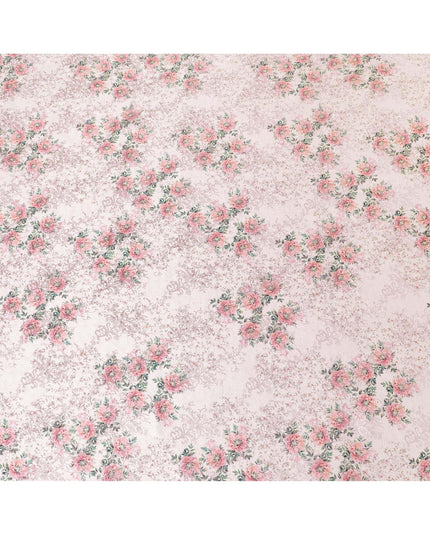 Light pink premium pure silk satin fabric with light peach and forest green print having rose pink film metallic in floral design-D9419
