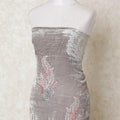 Pearl grey silk blended velvet fabric with beige, powder blue and rose pink embroidery having stone work in floral design-D11861 Regal Fabrics