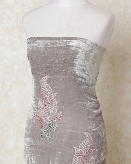 Pearl grey silk blended velvet fabric with beige, powder blue and rose pink embroidery having stone work in floral design-D11861 Regal Fabrics