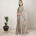 Pale brown Premium pure French silk chiffon saree with pearl river grey viscose and gold metallic lurex in floral design-D10205
