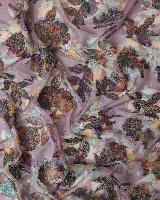 قماش شيفون حريري نقي فاخر باللون الأرجواني المنقط مع طباعة متعددة الألوان ولوريكس معدني بتصميم زهور-D13236