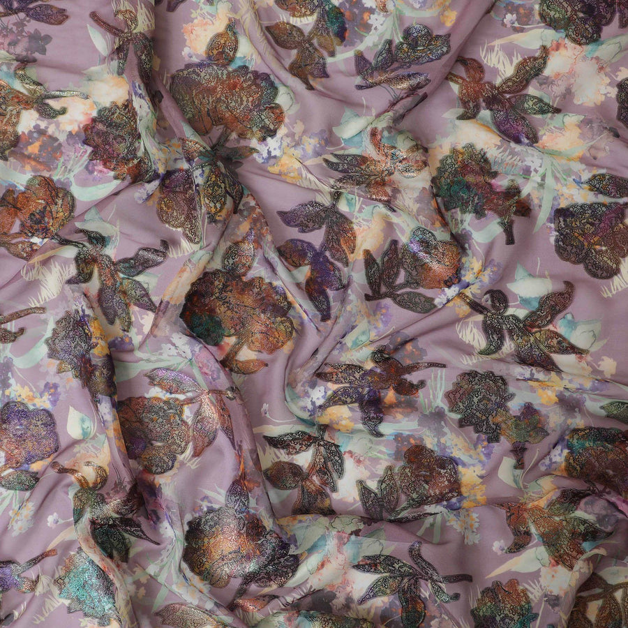 Heather purple premium pure silk chiffon fabric with multicolor print and metallic lurex in floral design-D13236