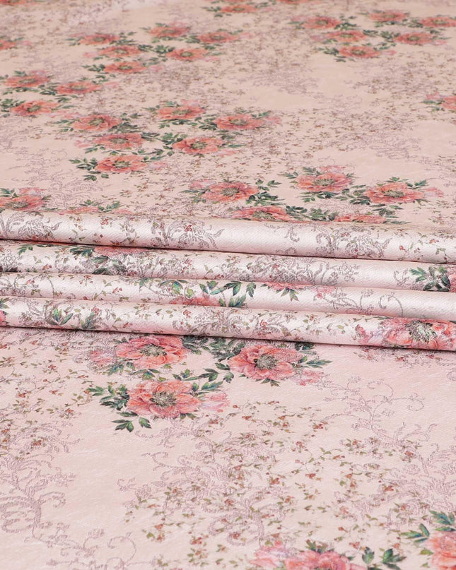 Light pink premium pure silk satin fabric with light peach and forest green print having rose pink film metallic in floral design-D9419