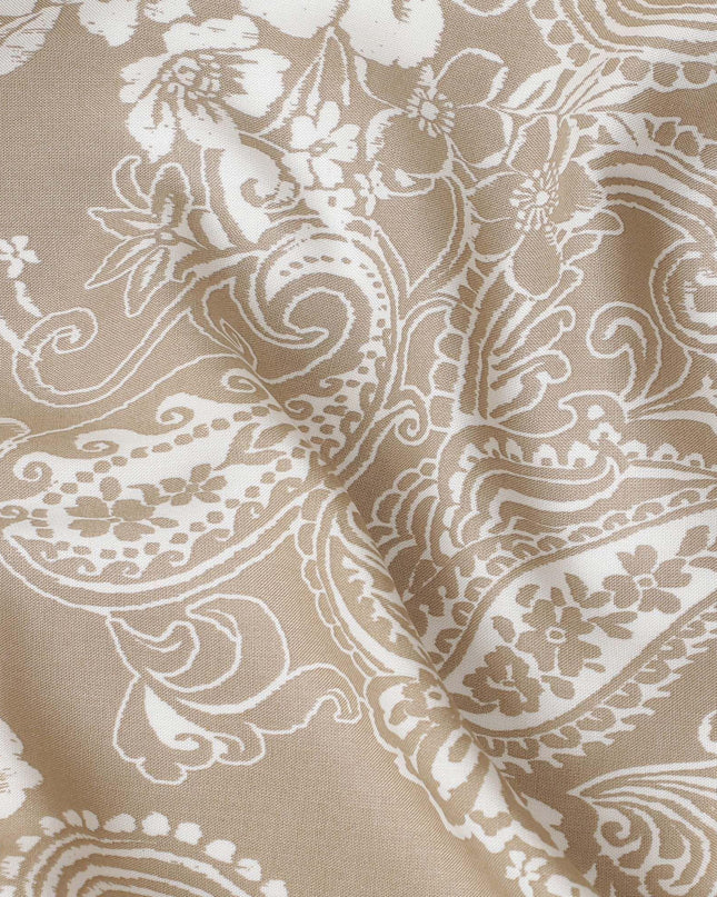Beige premium Italian viscose fabric with off white print in fancy design-D12535