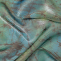 شيفون من الحرير الخالص الفاخر باللون الأزرق بحر إيجه مع لوريكس معدني ذهبي وطبعات بنية بتصميم تجريدي-D11394