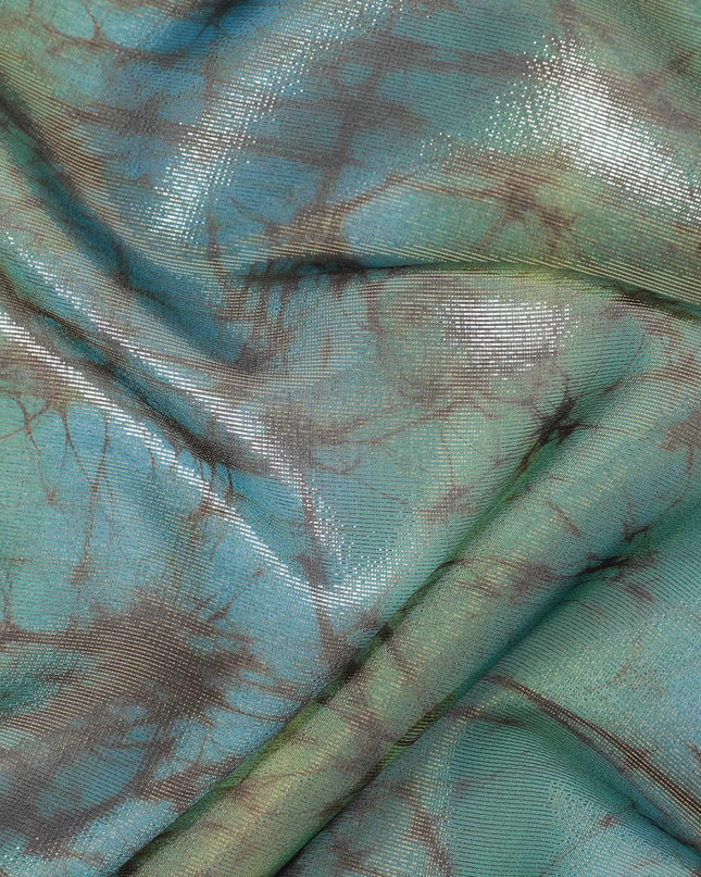 Aegean blue Premium pure silk chiffon with gold metallic lurex and brown prints in abstract design-D11394