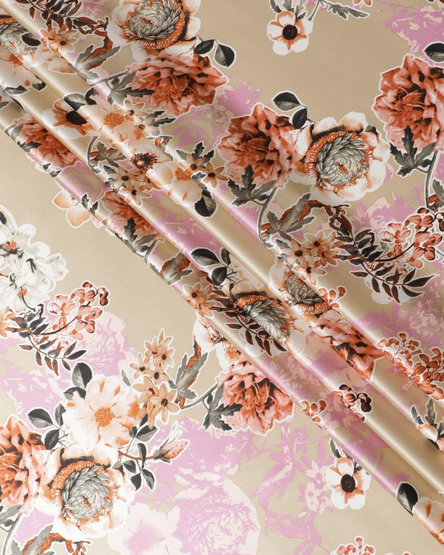 قماش ساتان حريري خالص ذهبي مع طباعة متعددة الألوان بتصميم زهور-D11038