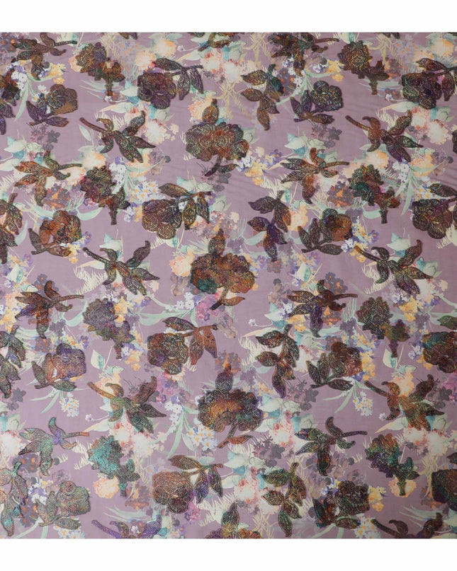 قماش شيفون حريري نقي فاخر باللون الأرجواني المنقط مع طباعة متعددة الألوان ولوريكس معدني بتصميم زهور-D13236