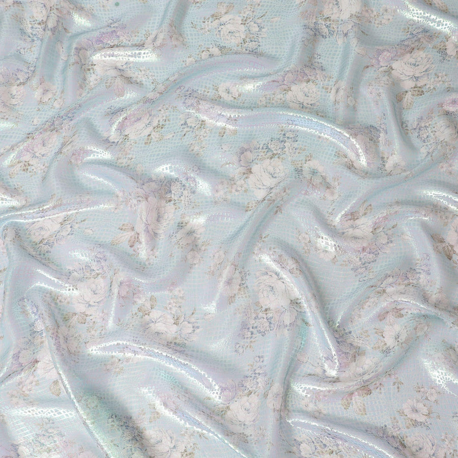 قماش شيفون من الحرير الخالص الفاخر باللون الأزرق الفاتح مع طباعة متعددة الألوان مع لوريكس معدني أخضر نيون بتصميم زهور-D15466