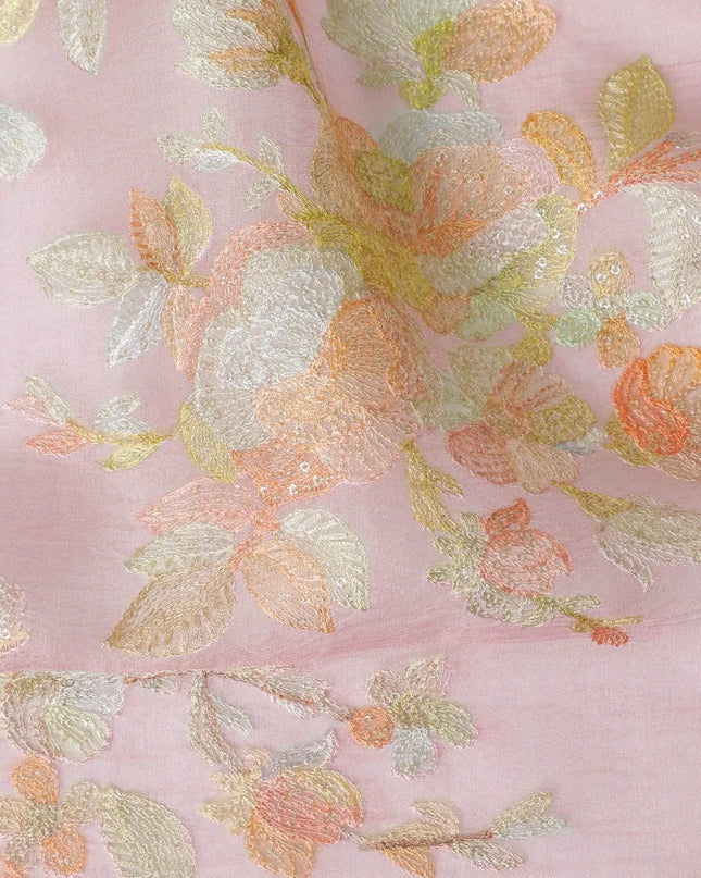 Rose pink silk organza fabric with multicolor embroidery in floral design-D13152 Regal Fabrics