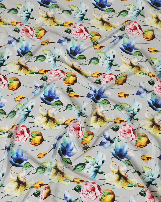 قماش كريب صناعي باللون الرمادي السحابي مع طباعة متعددة الألوان بتصميم الأزهار-D14463