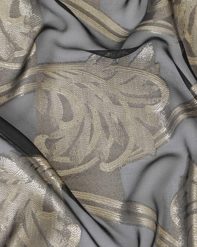 Black Premium pure French (Fransawi) silk chiffon fabric with gold metallic lurex in floral design-D9669