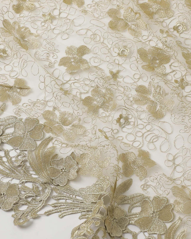 Honeysuckle beige nylon tulle fabric with gold floral embroidery and fancy border in floral design