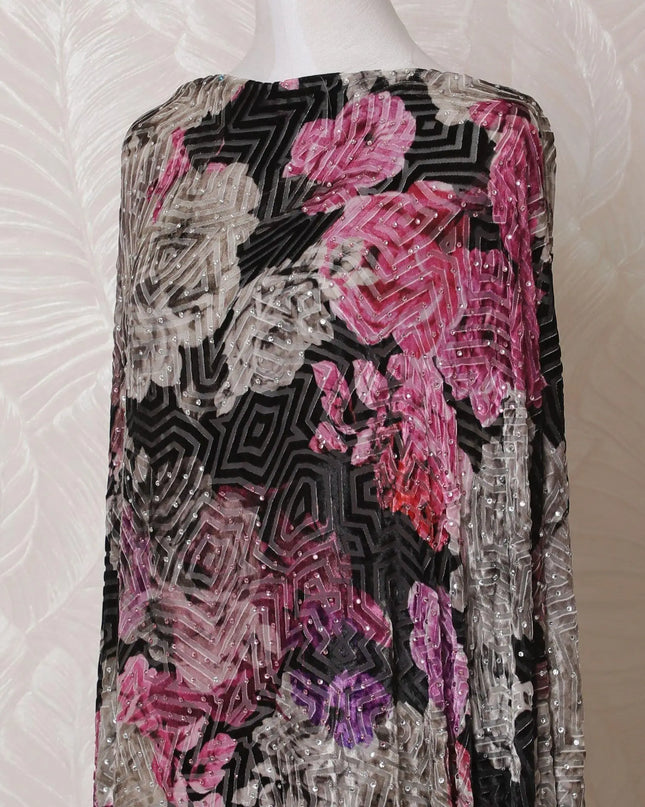 Multicolor Premium pure silk blended velvet makmal dirac fabric having stone work in floral design-D14890 Regal Fabrics