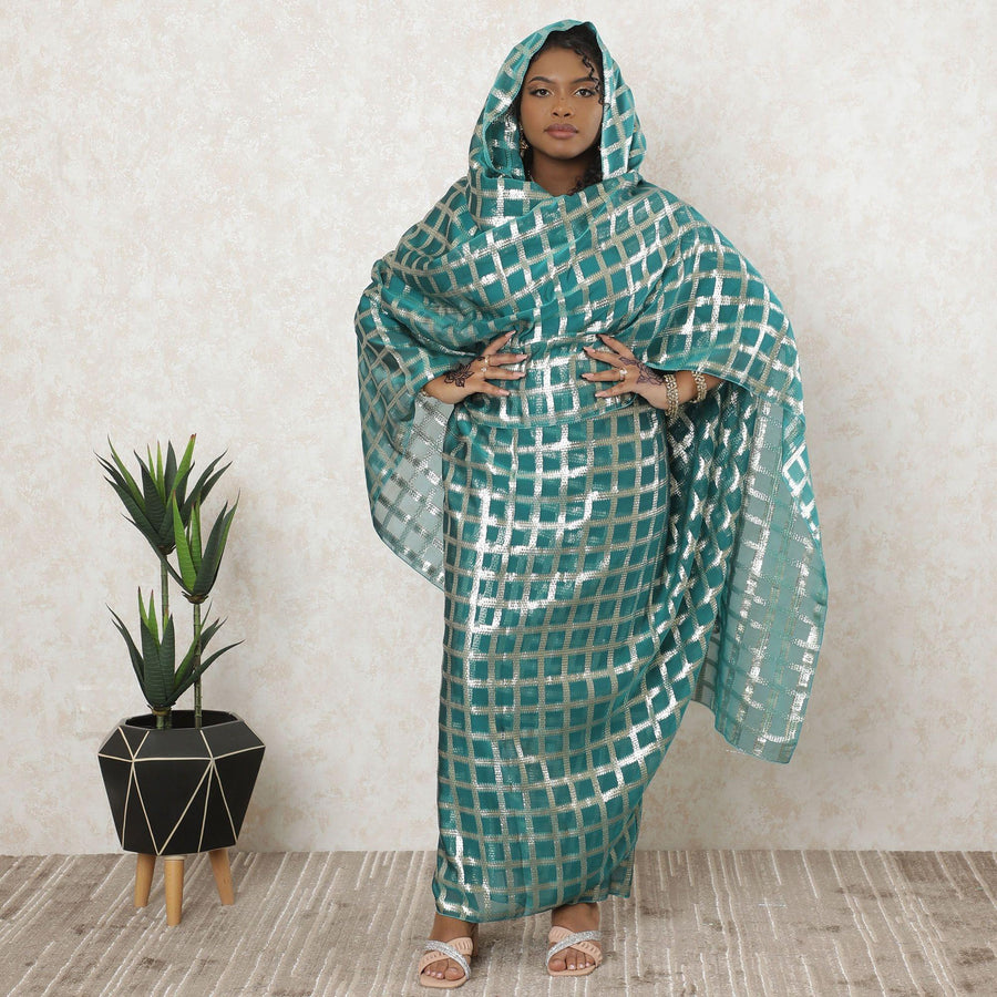Pine green Premium pure silk chiffon thobe with gold metallic lurex in checks design-D11657
