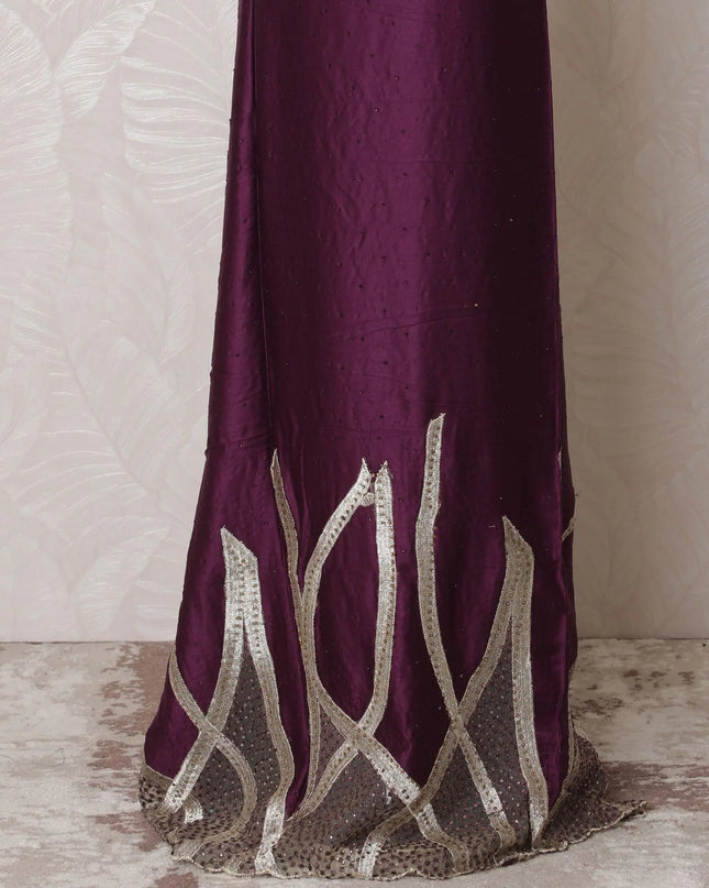 Dark plum blended cotton lawn fabric with gold embroidery having stone work in fancy design-D14734 Regal Fabrics