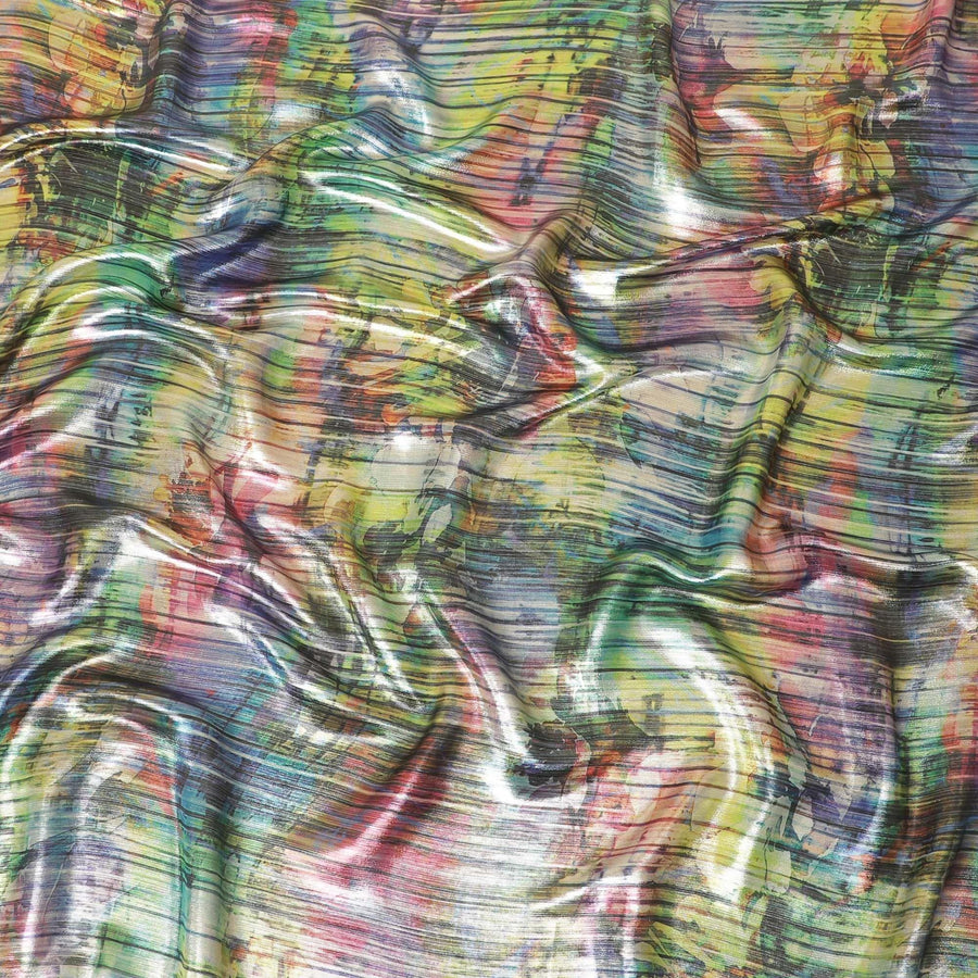 قماش شيفون صناعي متعدد الألوان مع طباعة متعددة الألوان ولوريكس معدني بتصميم تجريدي -D8514