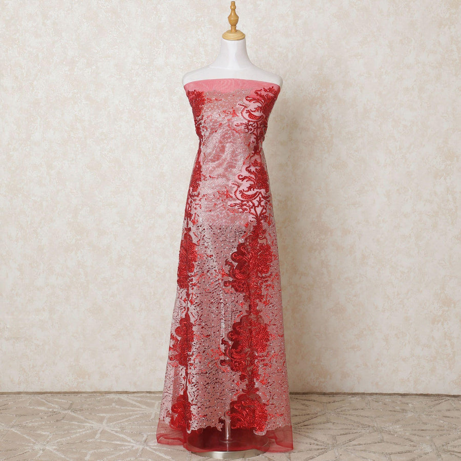 قماش تول نايلون أحمر قرمزي بنفس اللون، تطريز باللون البيج مع أعمال حجرية بتصميم فاخر -D12197