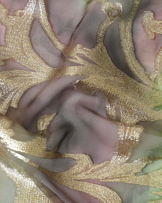 شيفون من الحرير الخالص متعدد الألوان مع لوريكس معدني ذهبي بتصميم أوراق الشجر -D11388