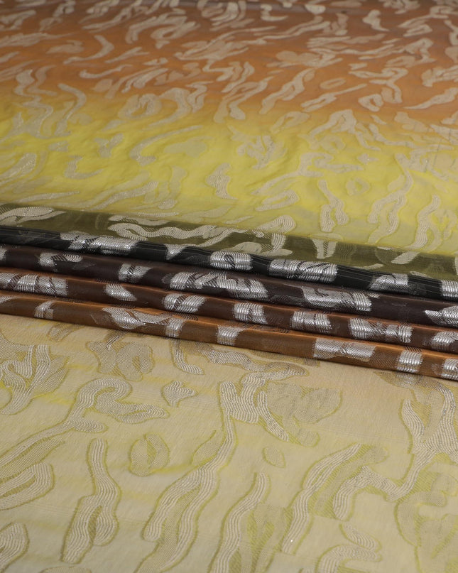 قماش شيفون حريري فرنسي (فرنساوي) أخضر زيتوني، أصفر، بني فاخر مع لوركس معدني فضي بتصميم فاخر-D8272