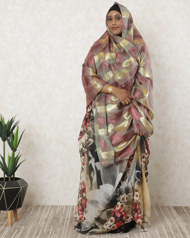 Multicolor premium pure silk chiffon garbasaar with gold and cerise pink metallic lurex in checks design-D11599 Regal Fabrics