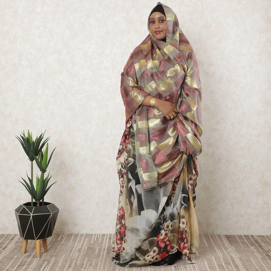 Multicolor premium pure silk chiffon garbasaar with gold and cerise pink metallic lurex in checks design-D11599 Regal Fabrics