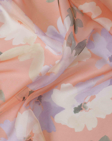 قماش شيفون من الحرير الخالص الخوخي مع طباعة متعددة الألوان بتصميم الأزهار-D13221