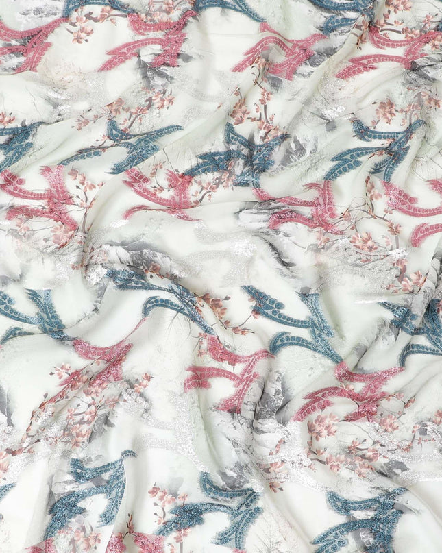 Light Laurel green synthetic chiffon fabric with multicolor print having cerise pink, silver and blue metallic lurex in abstract design-D9673