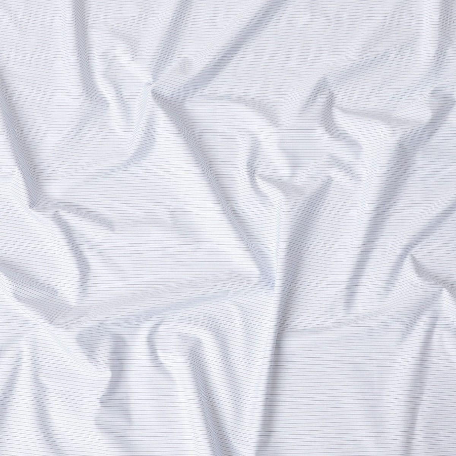 White blended cotton shirting fabric with powder blue and blue print in stripe design-D6342