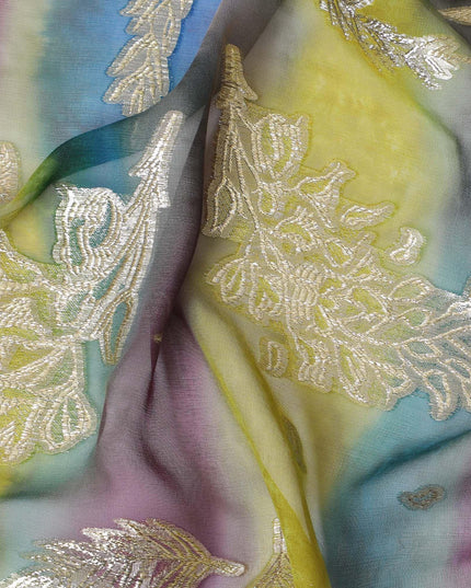 Multicolor premium pure silk chiffon fabric with gold metallic lurex in floral design-D14240