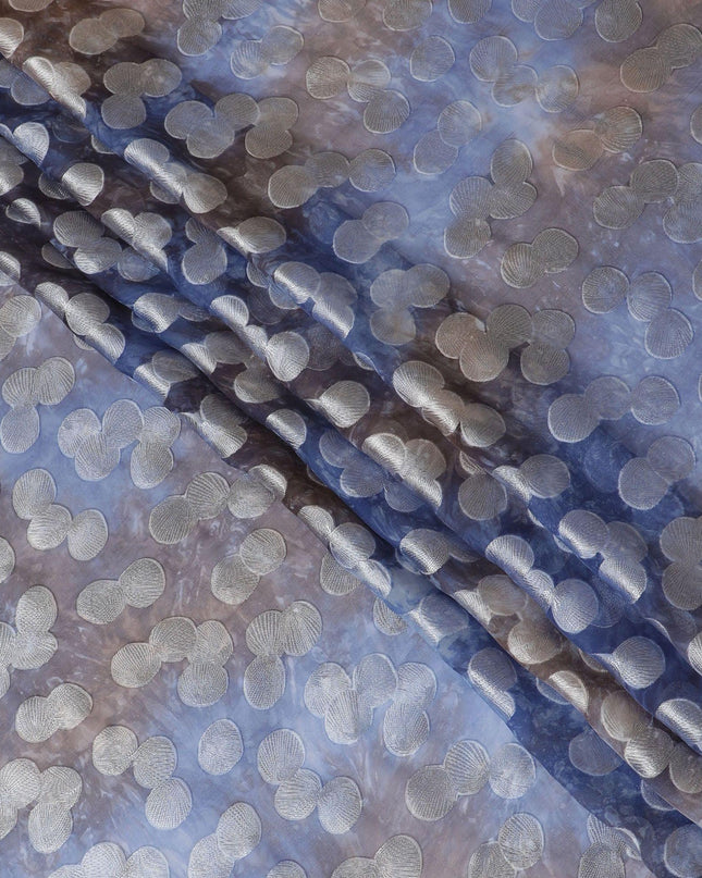 Blue premium pure silk chiffon fabric with multicolor print having silver viscose in dot design-D13115