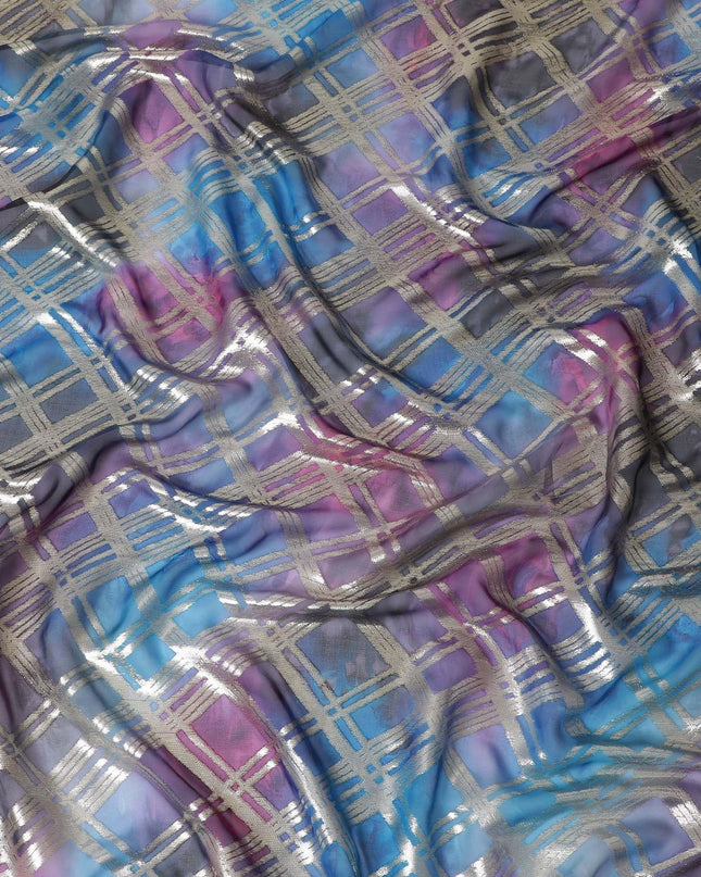 قماش شيفون من الحرير الخالص متعدد الألوان مع لوريكس معدني ذهبي بتصميم مربعات -D11411