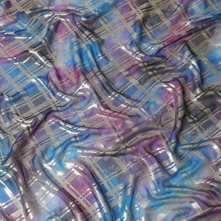 قماش شيفون من الحرير الخالص متعدد الألوان مع لوريكس معدني ذهبي بتصميم مربعات -D11411