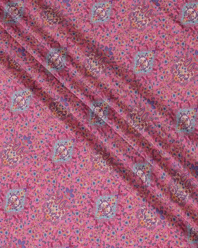 Taffy pink synthetic crepe fabric with multicolor print in floral design-D15036 Regal Fabrics