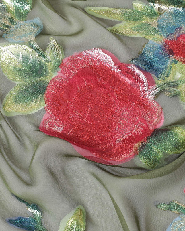 قماش شيفون حريري نقي فاخر باللون الأخضر الزيتوني مع لوركس معدني متعدد الألوان بتصميم زهور-D10781