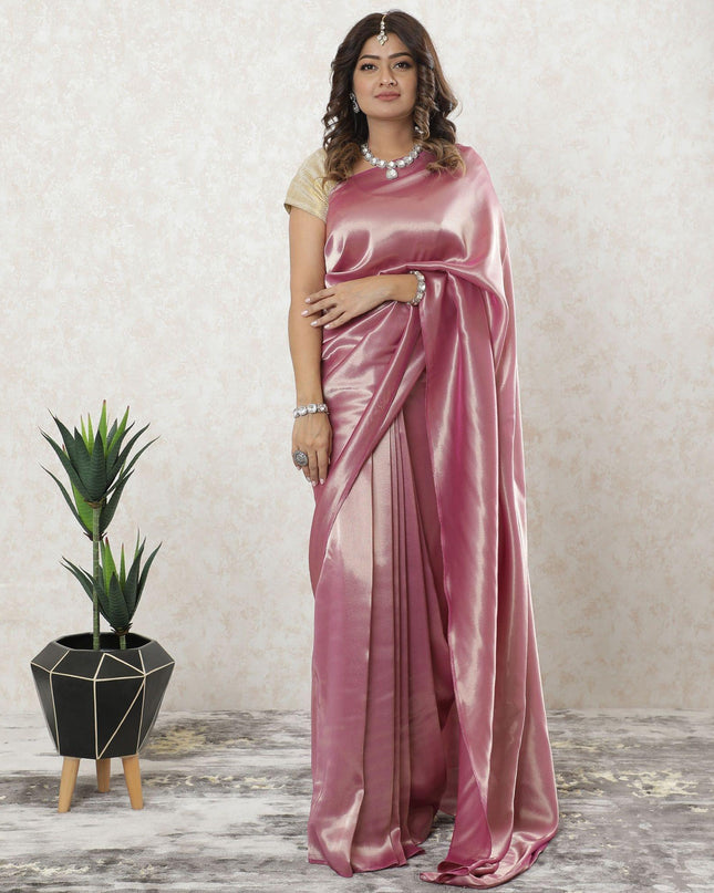 Fuchsia pink plain Premium French lame Saree with gold foil finish-D9569