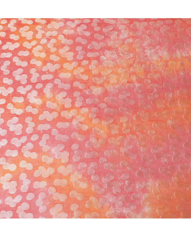 قماش شيفون حرير خالص برتقالي فاخر مع طباعة متعددة الألوان بها فيسكوز فضي بتصميم منقط-D13117