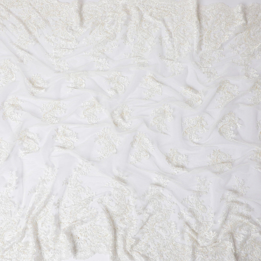 White lace fabric with same tone embroidery, bead work in floral design-D11715