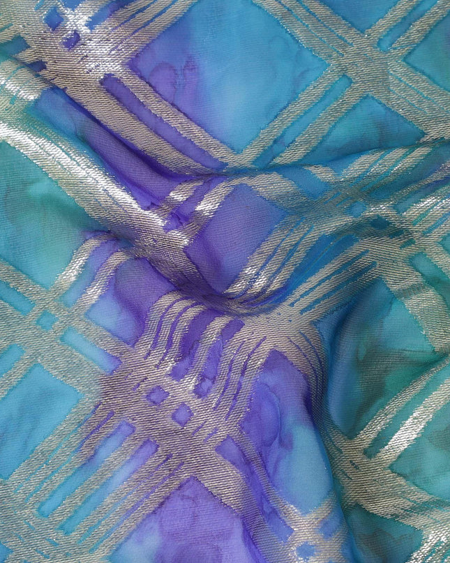 قماش شيفون من الحرير الخالص متعدد الألوان مع لوريكس معدني ذهبي بتصميم مربعات -D11412